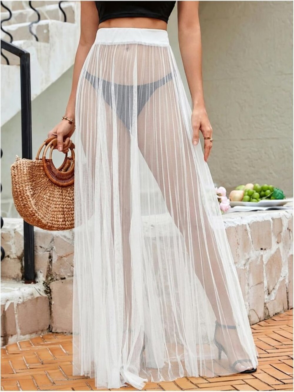 Women's White Sheer Mesh High Waist See Through Flowy Lace Cover Up Maxi Skirt - Picture 3 of 6